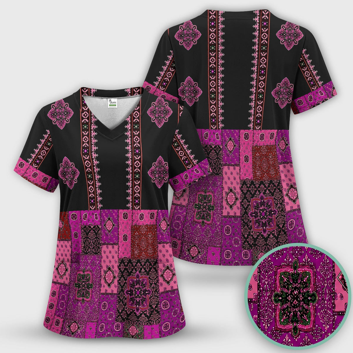 Boho Pink Bandana Patchwork Nurse Scrub Set