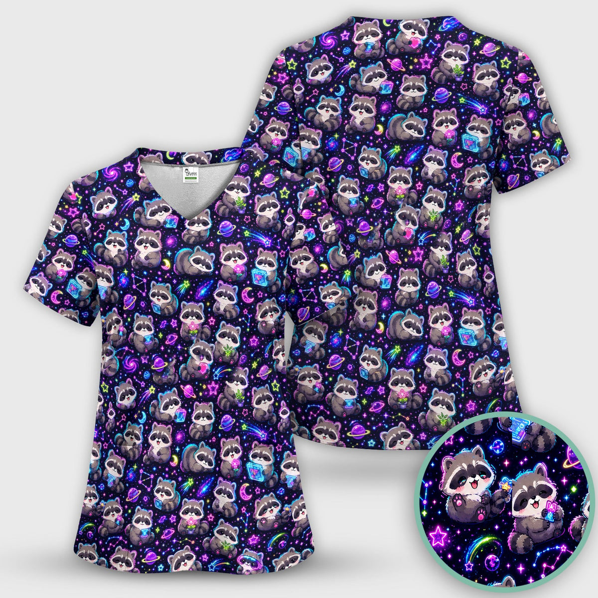 Neon Galaxy Raccoon Space Nurse Scrub Top
