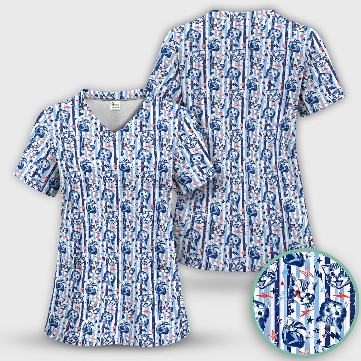 Cat Faces With Lightning Nurse Scrub Top
