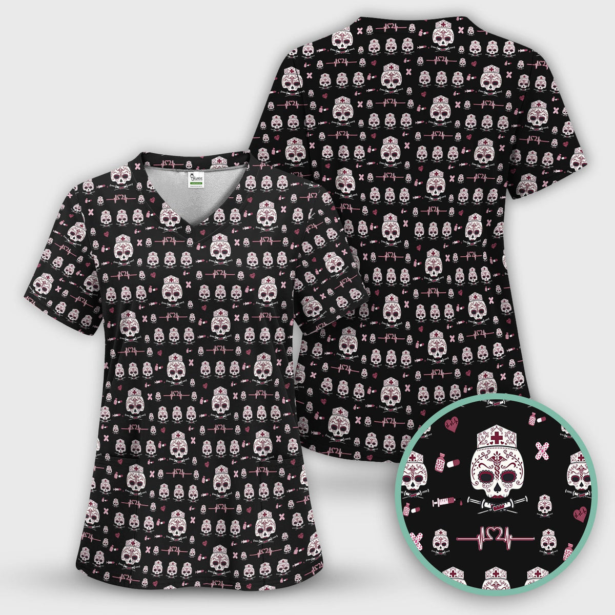 Sugar Skull Scrub Top, Skull Pattern Scrub Shirt, Breathable Fabrics Nursing Uniform