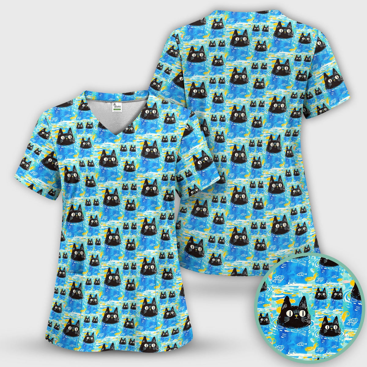Black Cat Swimming In Blue Water Nurse Scrub Set