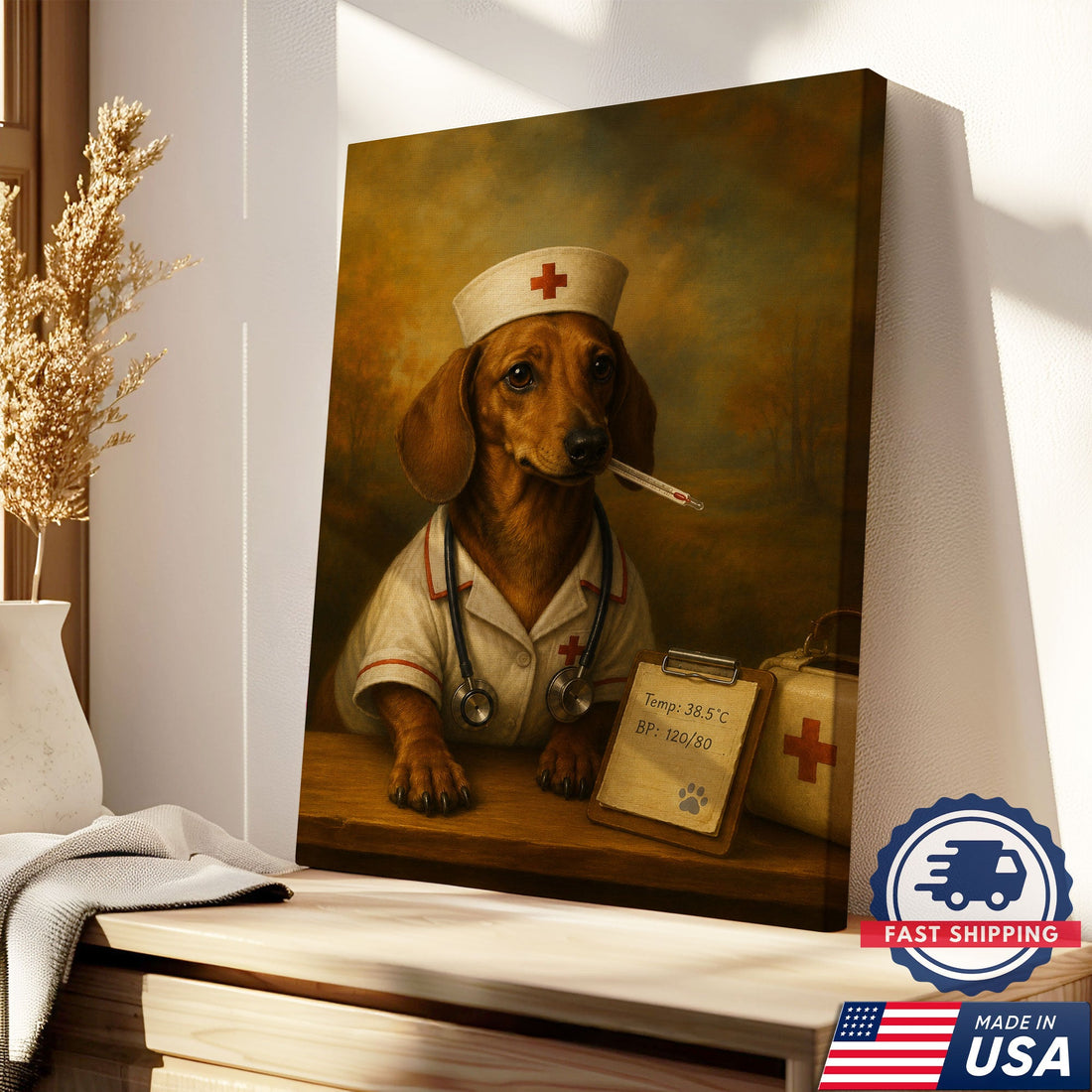 Vintage Nurse Dachshund Portrait Canvas