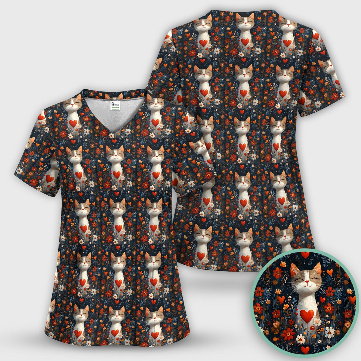 Cat Heart Floral Garden Nurse Scrub Set