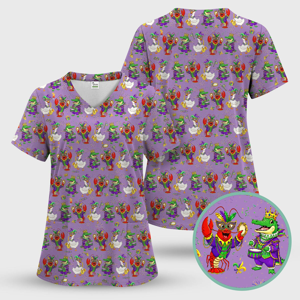 Crawfish Duck Mardi Gras Nurse Scrub Top