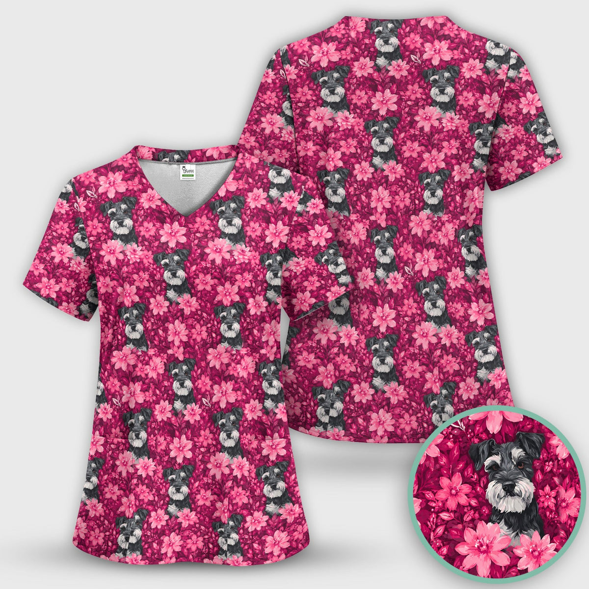 Pink Floral Schnauzer Nurse Scrub Top