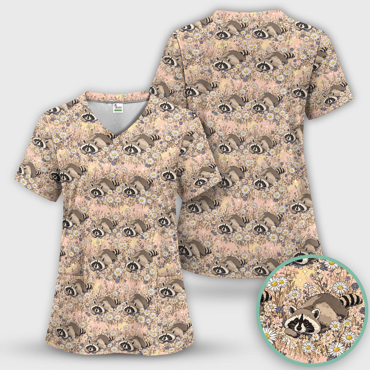 Raccoon Wildflower Meadow Nurse Scrub Top