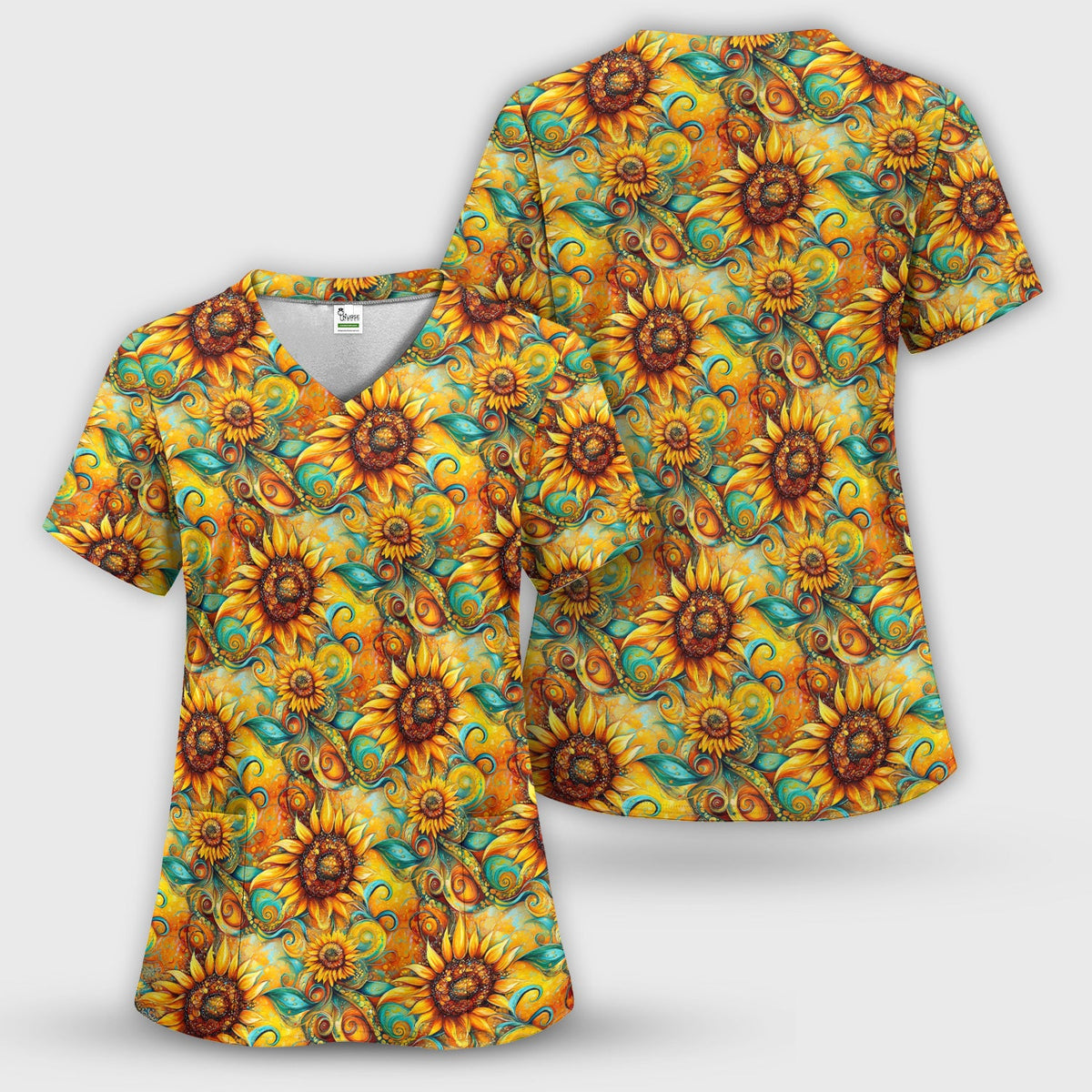 Sunflower Swirl Floral Pattern Scrub Top, Comfortable Scrubs for Nurses