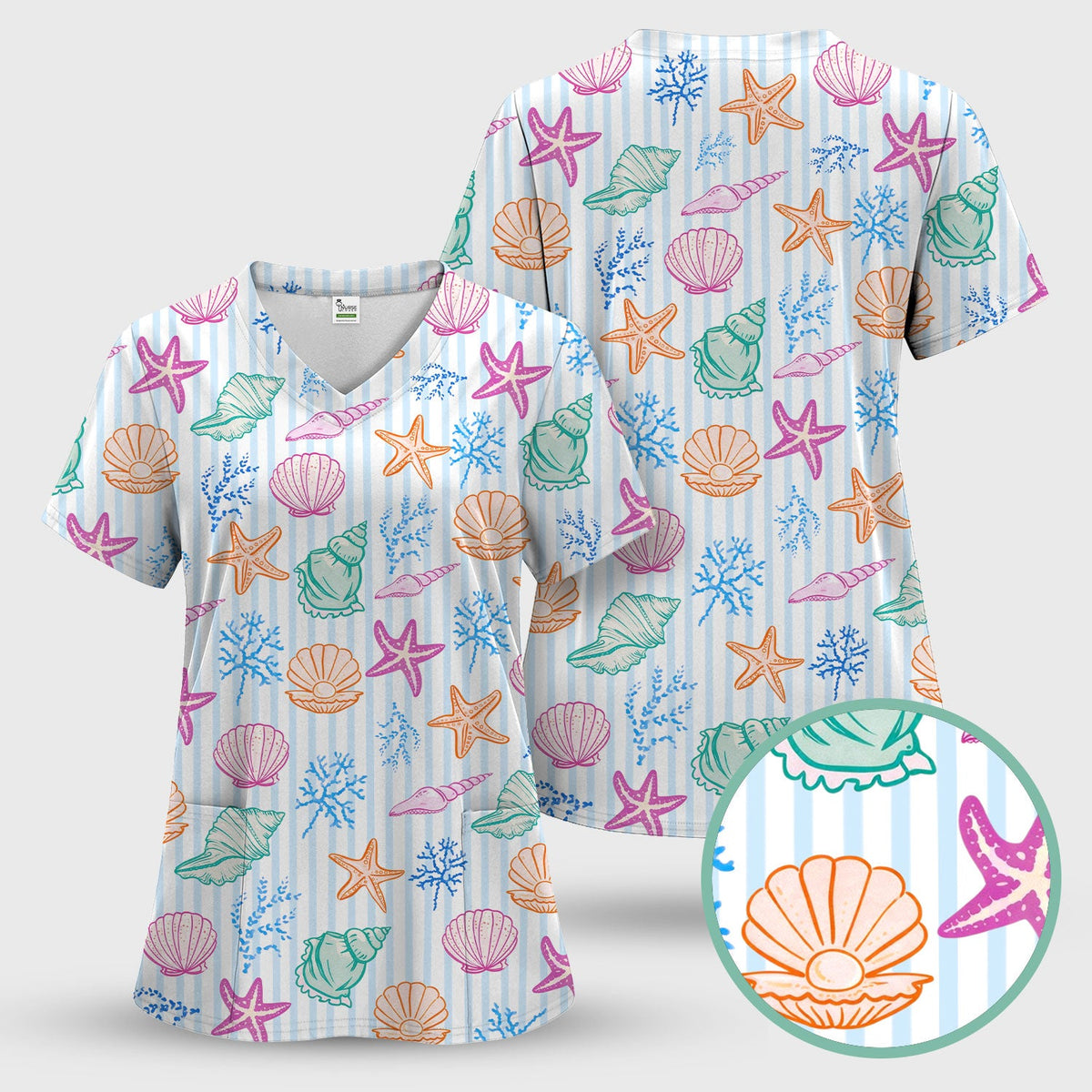Colorful Seashell Starfish Ocean Stripe Nurse Scrub Set