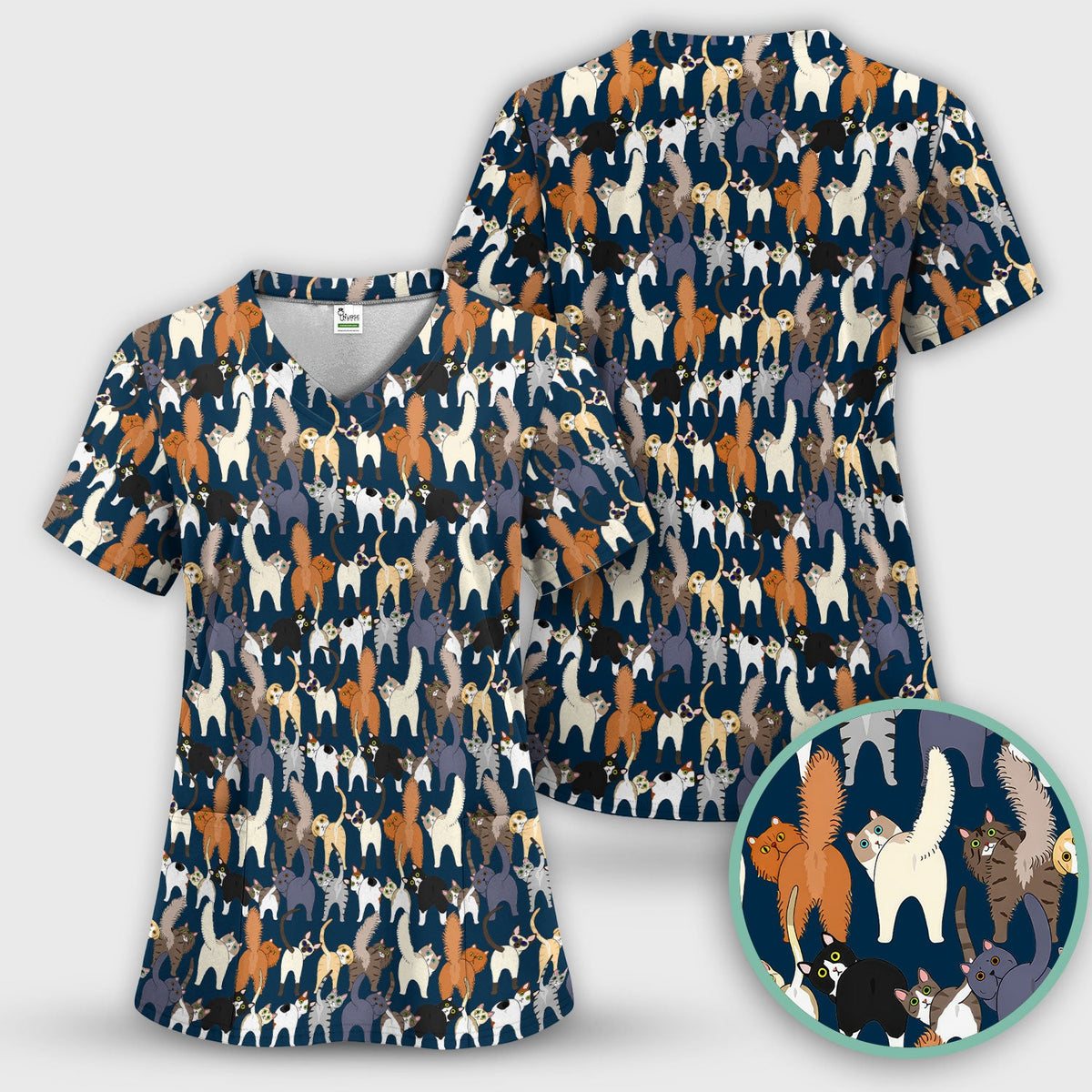 Whimsical Multicolor Cat Cartoon Nurse Scrub Top