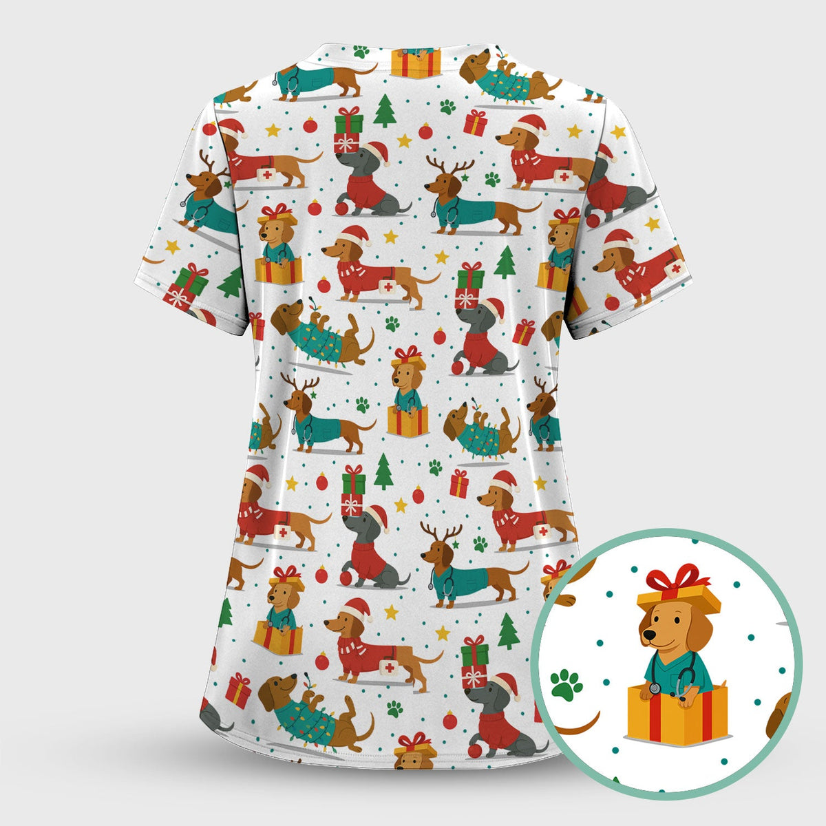 Dachshund Scrub Top Christmas - Cute Dog Nurse Shirt - Holiday Medical Scrubs Gift for Women CNA RN Doctor