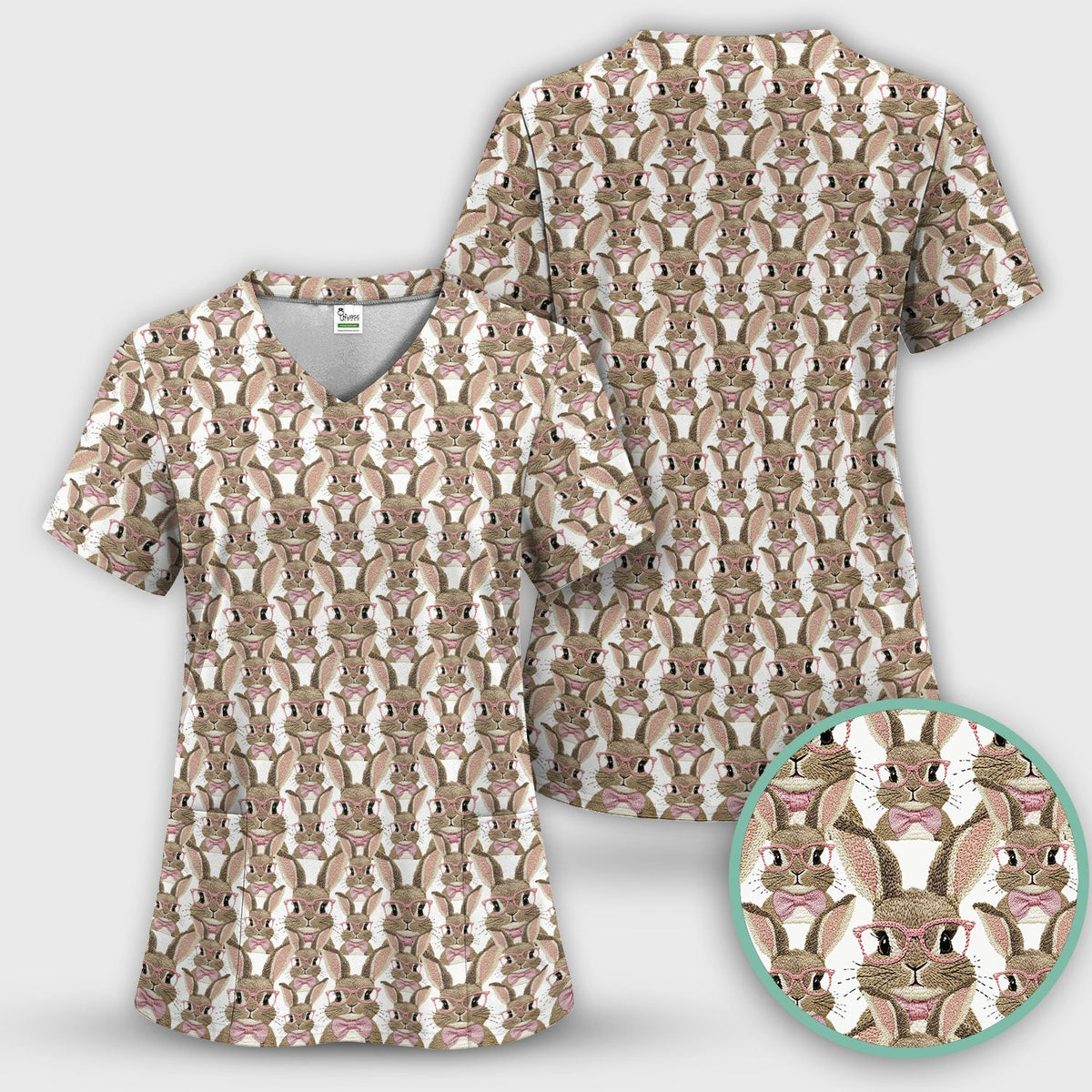 Bunny With Glasses Nurse Scrub Top - Easter Gift
