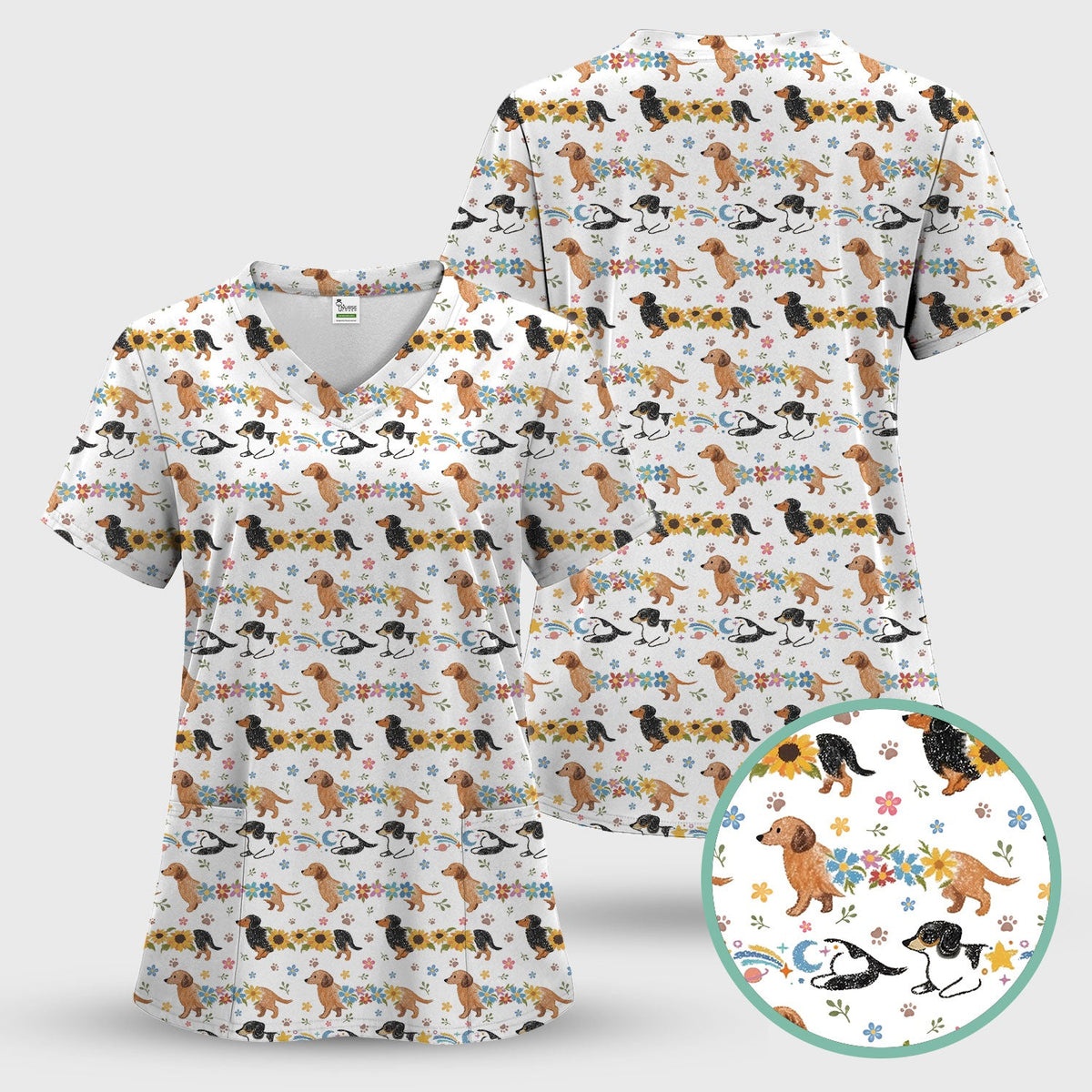 Floral Wiener Dog Nurse Scrub Top