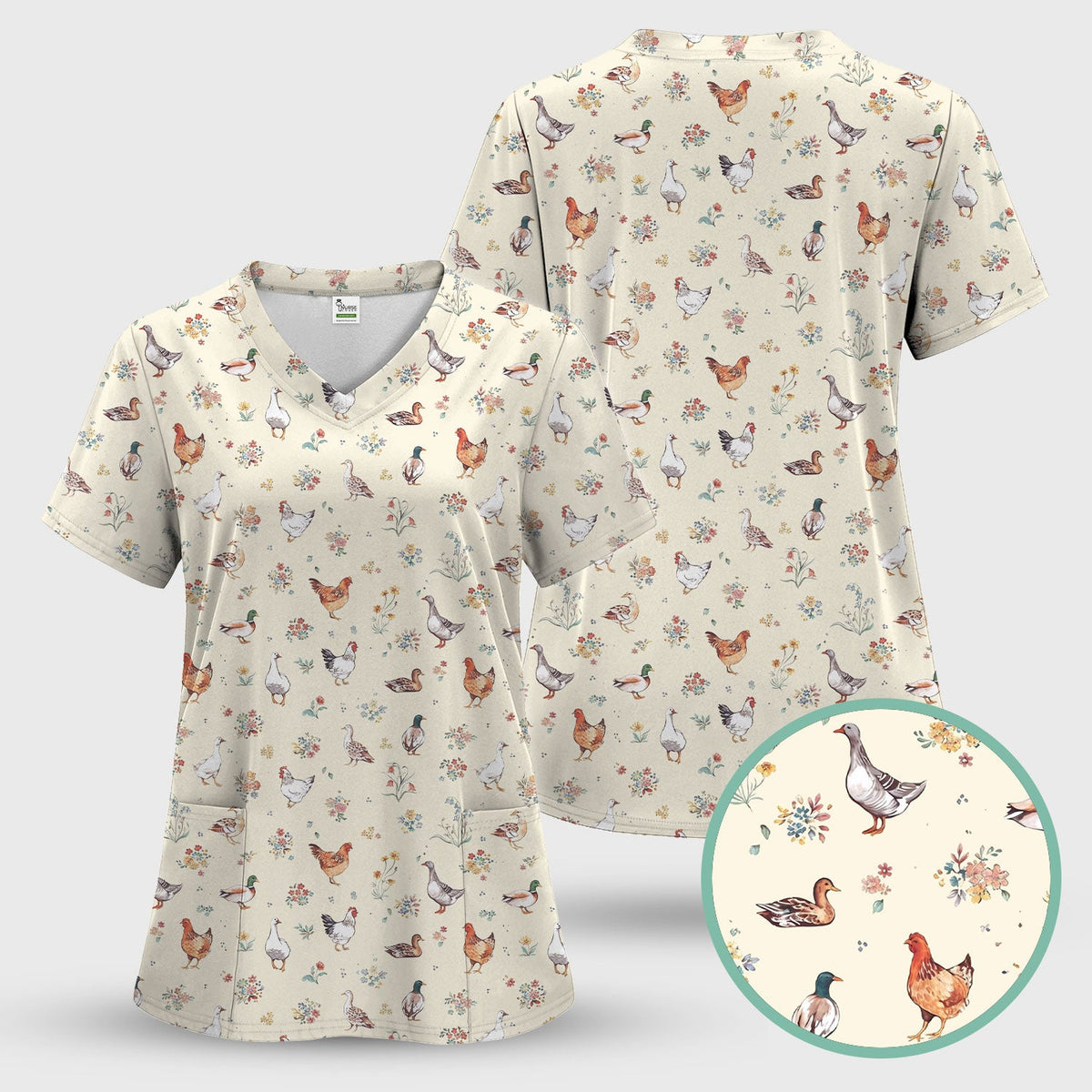 Farm Chicken Duck Floral Nurse Scrub Set