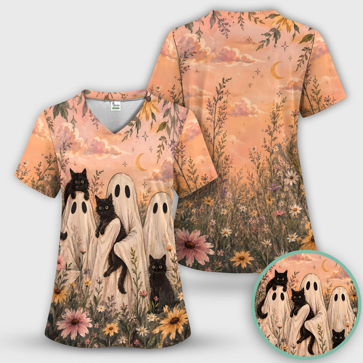 Ghosts Black Cats Nurse Scrub Top - Halloween Gift