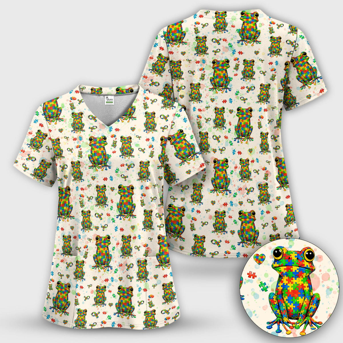 Colorful Autism Puzzle Frog Nurse Scrub Set
