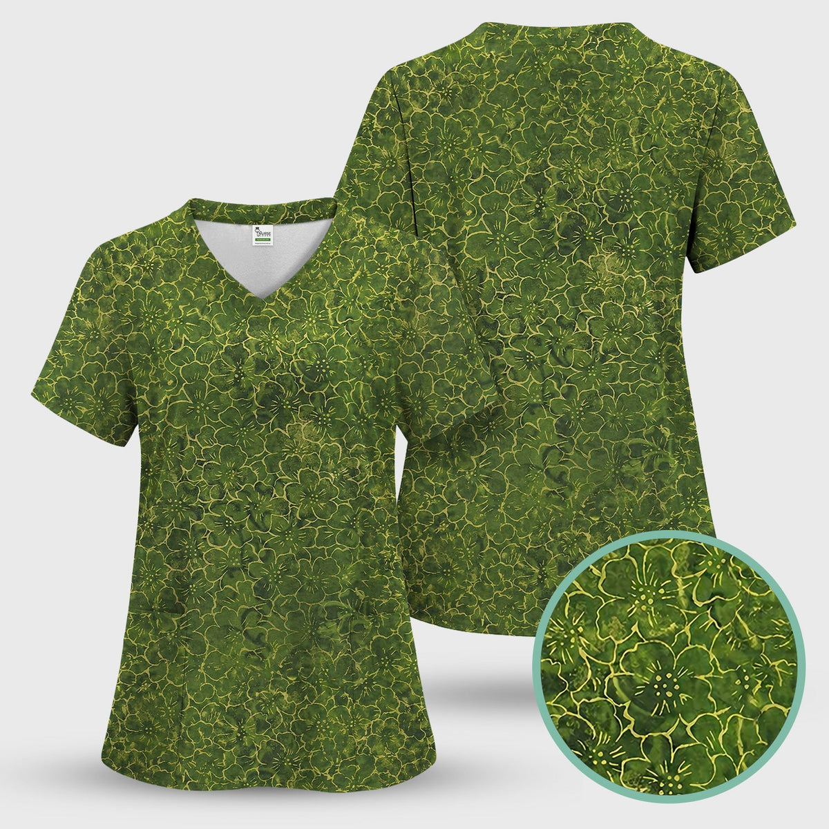 Green Floral Blossom Nurse Scrub Top