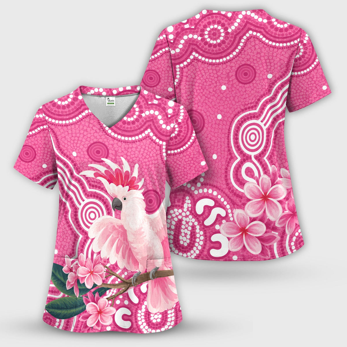 Pink Cockatoo Floral Dot Nurse Scrub Top