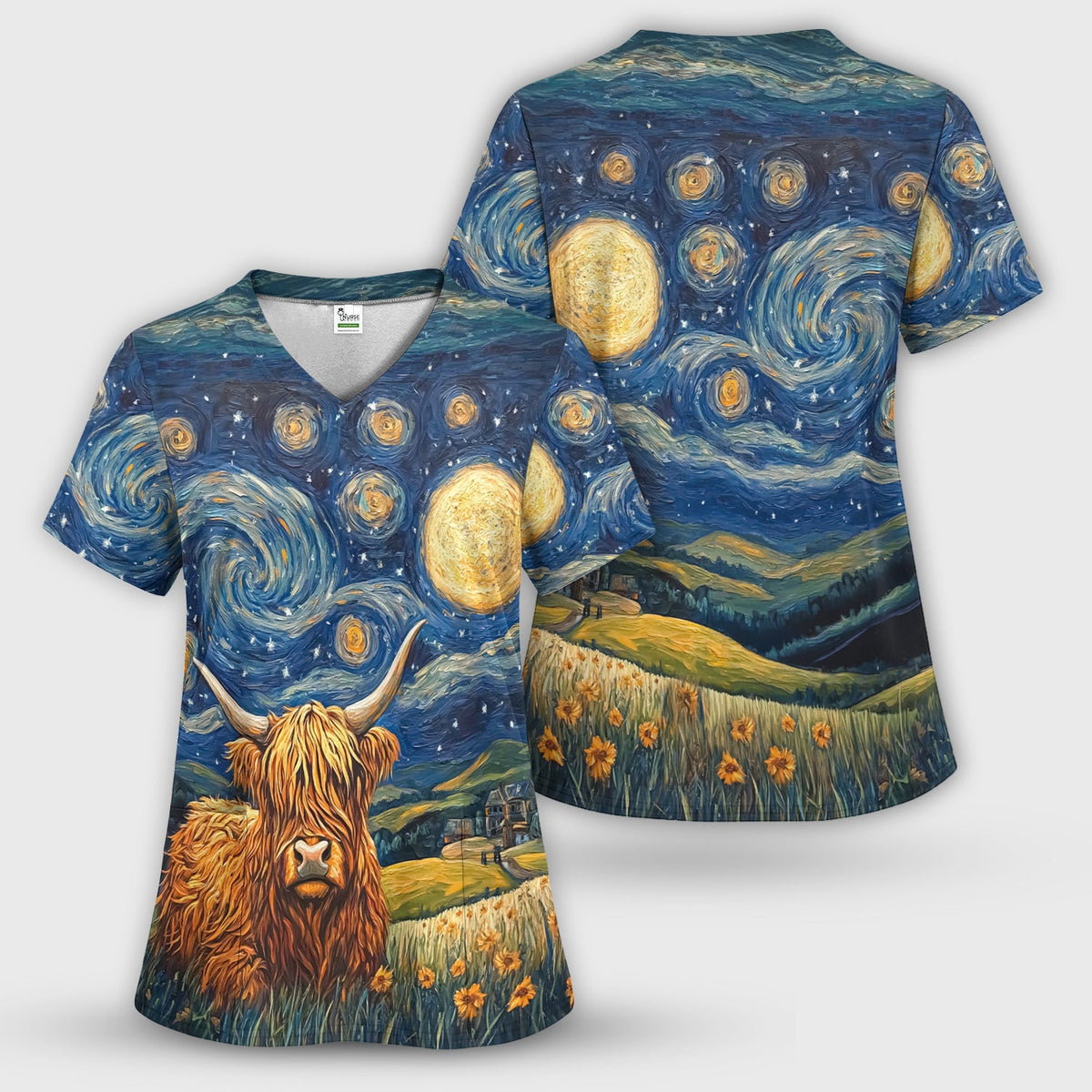 Artistic Highland Cow Starry Night Scene Pattern Scrub Set, Scrub Pants and V Neck Top