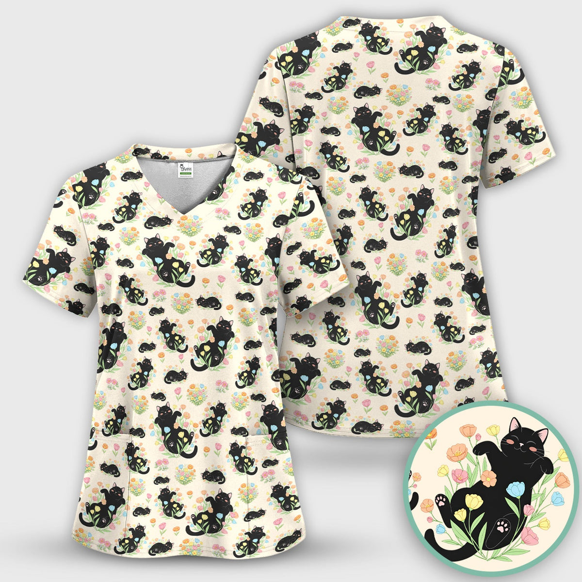 Cats Cute Poses Floral Nurse Scrub Top