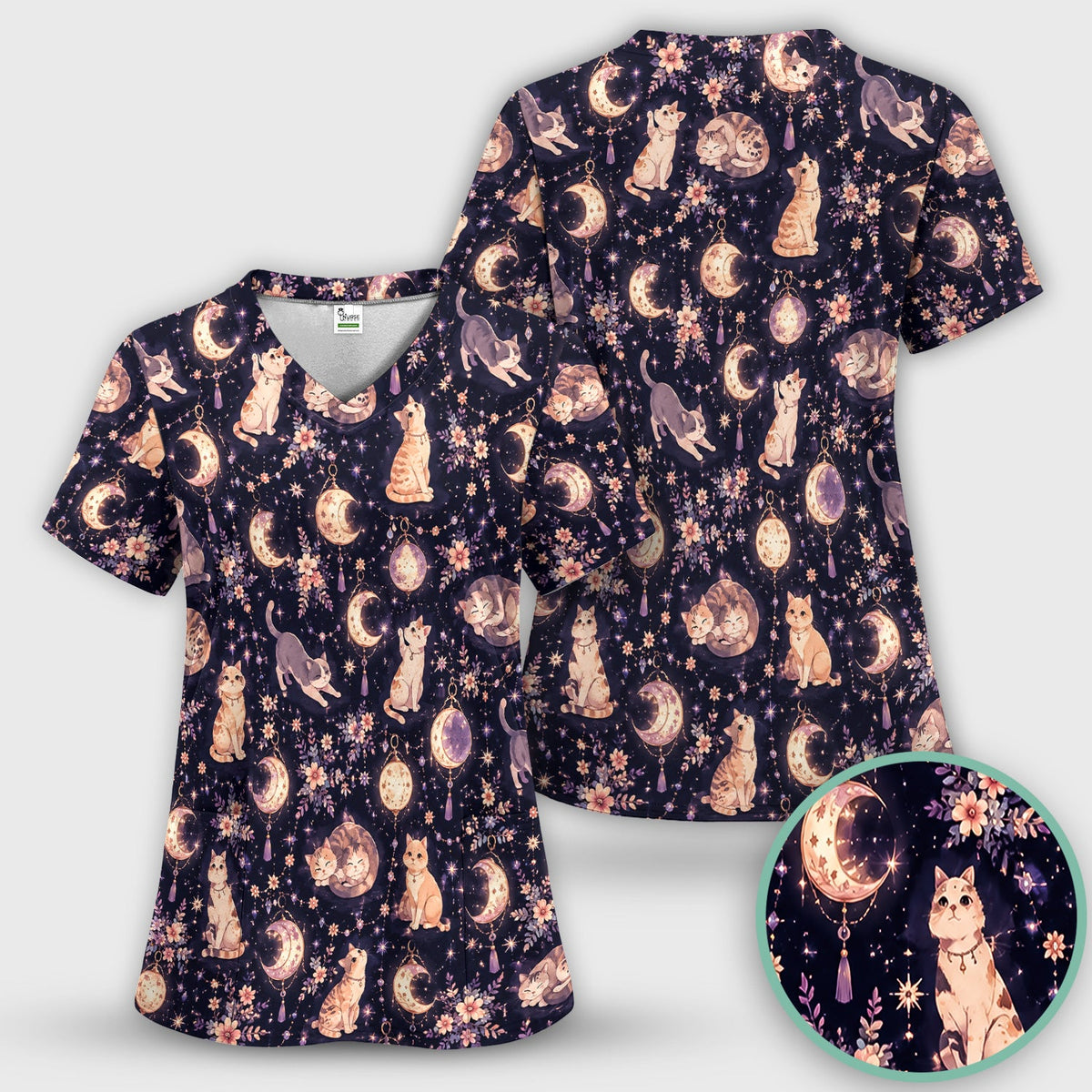 Celestial Cat Pattern Scrub Set, Scrub Pants and V Neck Top