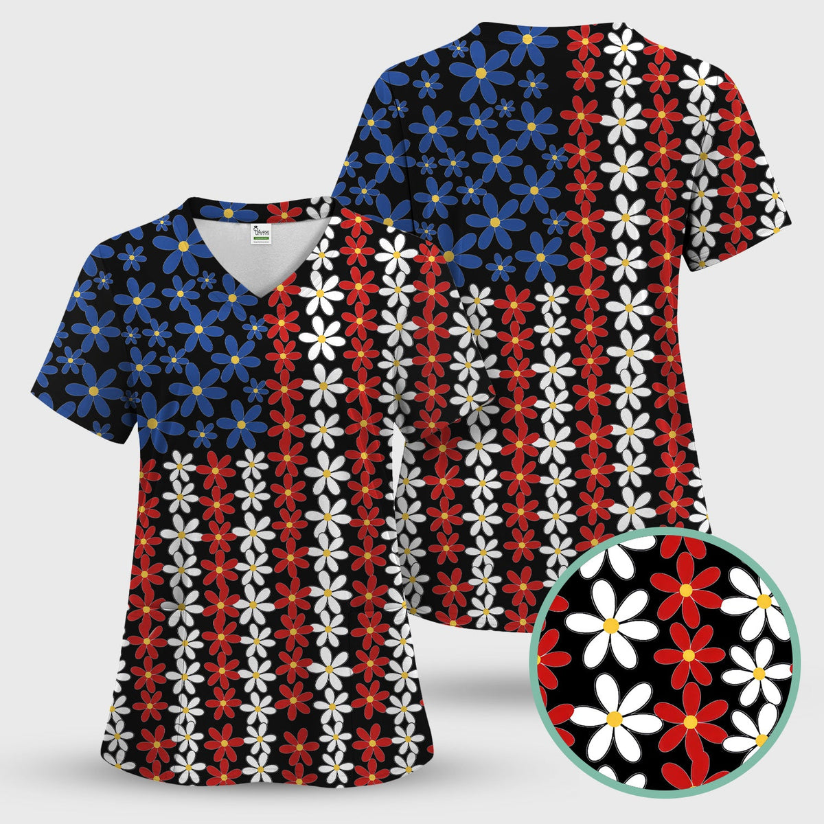 Retro Red Blue Daisy Nurse Scrub Top
