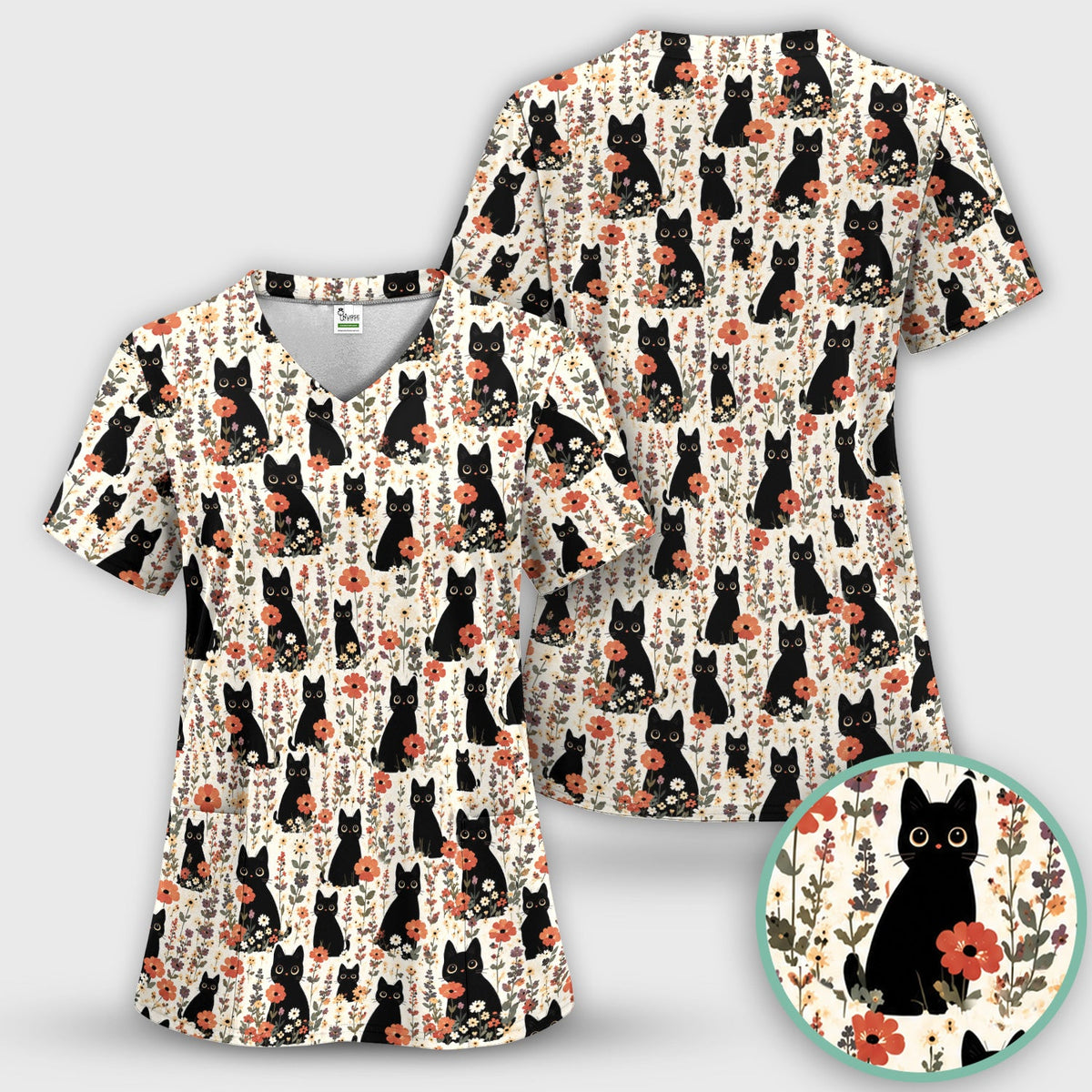 Cute Black Cat Wildflower Nurse Scrub Set
