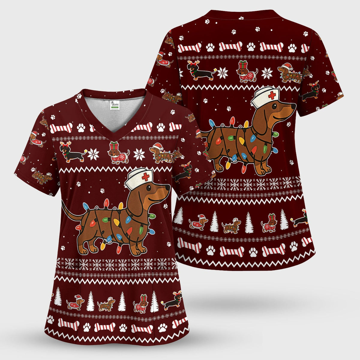 Christmas Dachshund Nurse Scrub Top for Women - Cute Sausage Dog Wearing Lights - Funny Holiday Medical Shirt Gift for RN CNA LPN