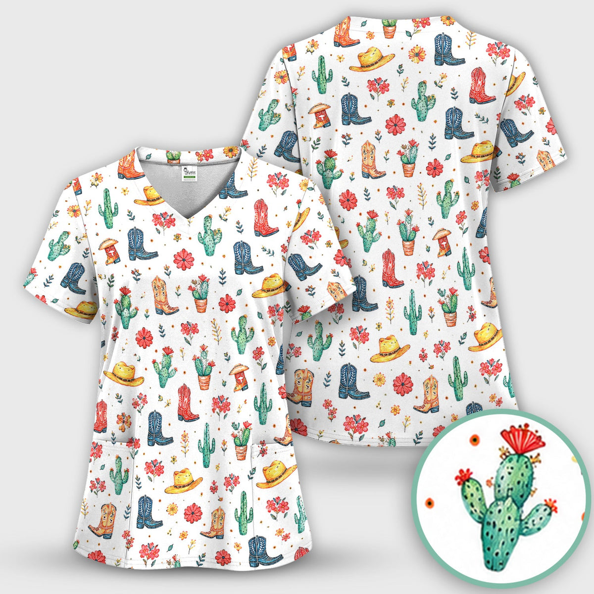 Whimsical Western Cactus Boots Pattern Scrub Top, Breathable Fabrics Nursing Uniform