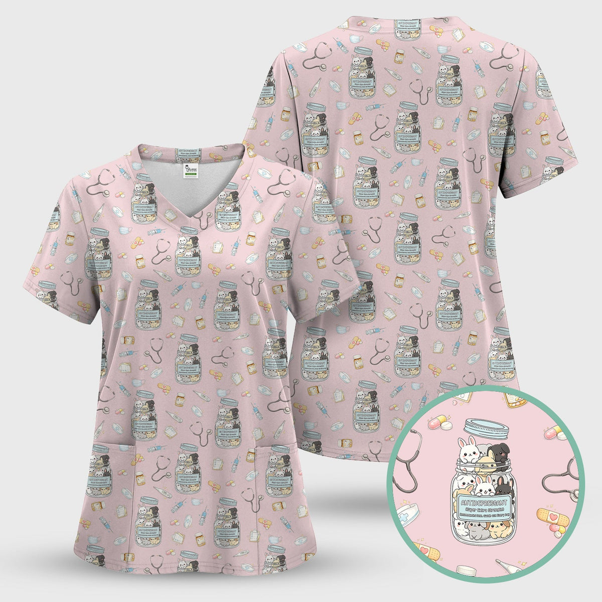 Whimsical Antidepressant Rabbit Jar Nurse Scrub Top