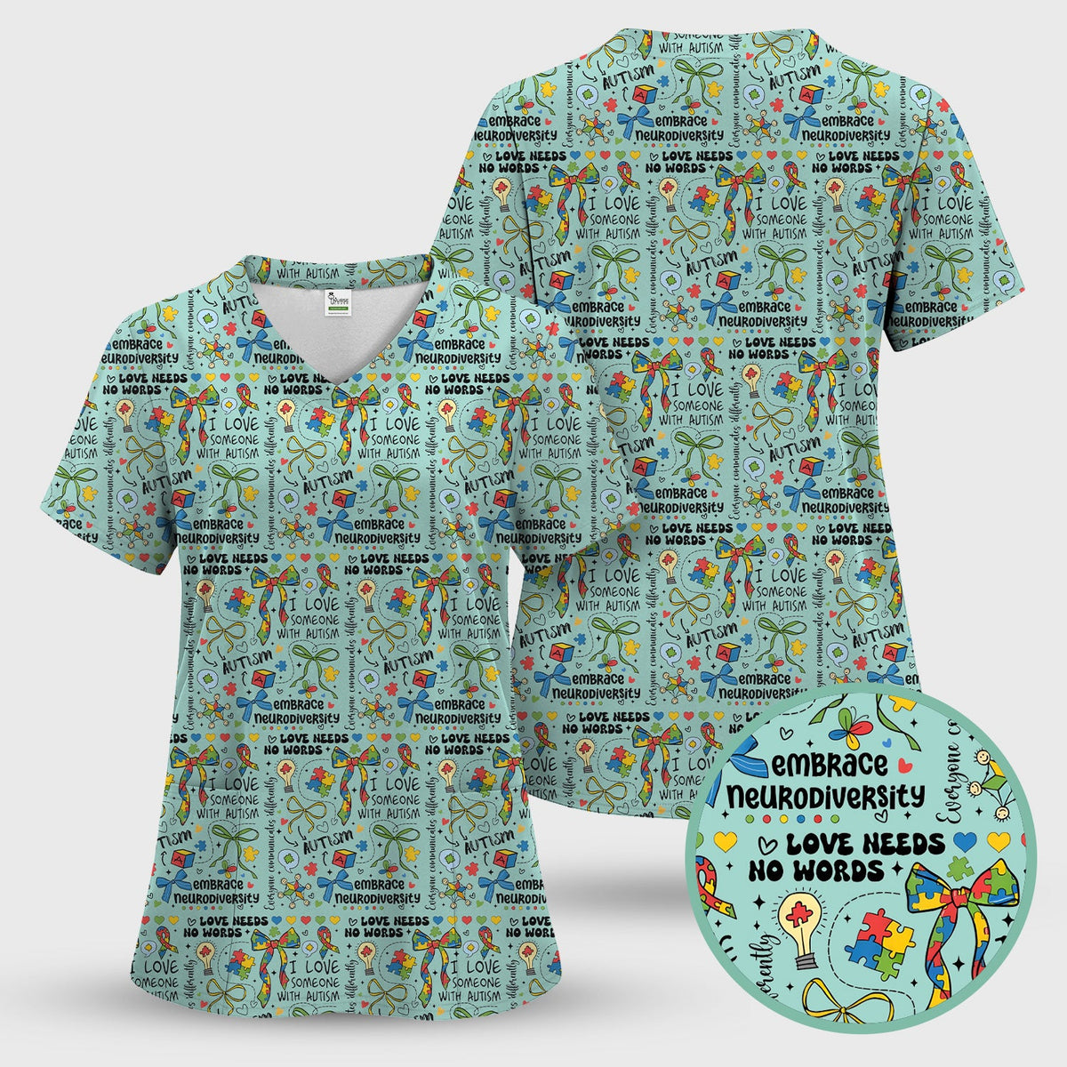 Autism Awareness Puzzle Ribbon Pastel Nurse Scrub Set