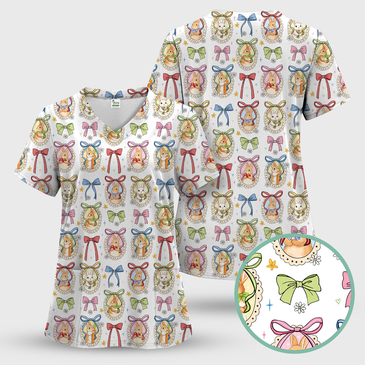 Bunny Cameo Bow Nurse Scrub Set - Easter Gift