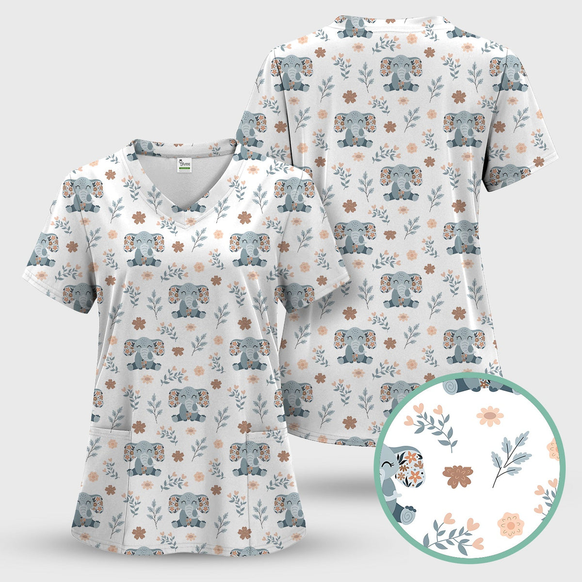 Cute Elephant Floral Print Scrub Set, Scrub Pants and V Neck Top