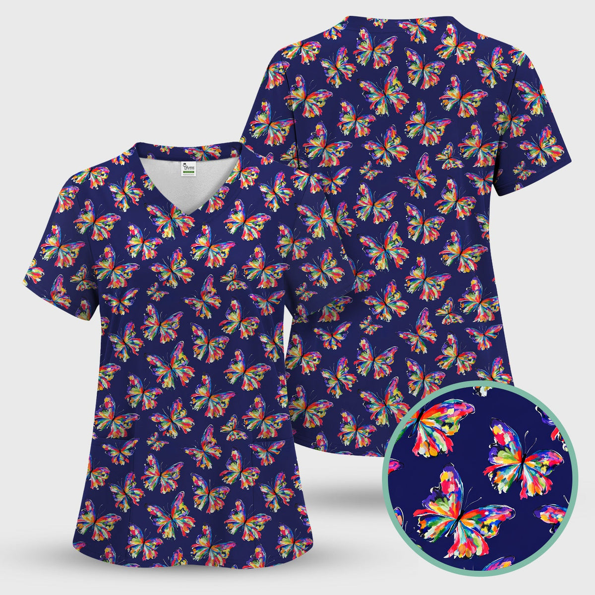 Personalized Vibrant Rainbow Butterfly Nurse Scrub Top