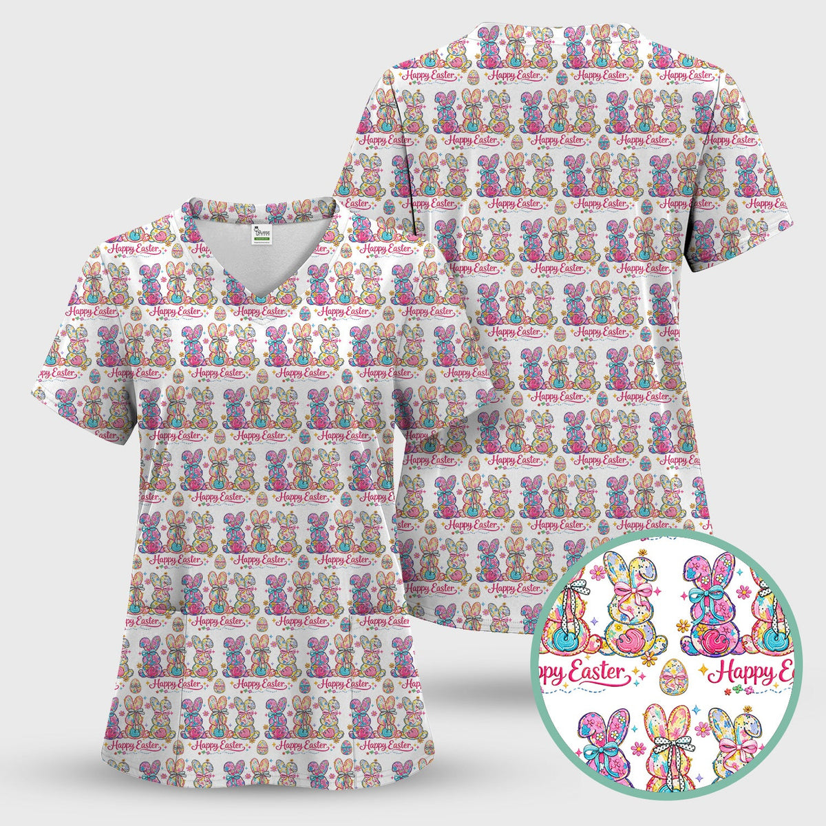 Pink Happy Easter Bunny Pattern Scrub Top, Comfortable Scrubs for Nurses