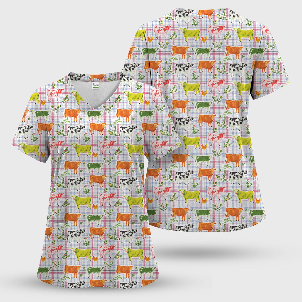 Colorful Farm Cow Plaid Nurse Scrub Set