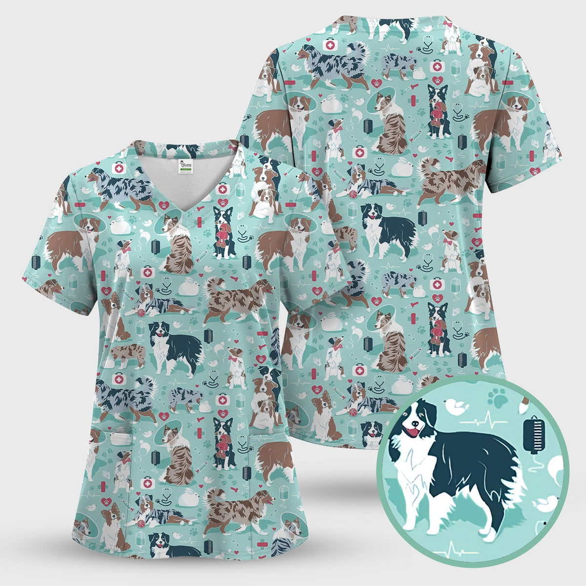 Cute Dog Pattern Women's Veterinary Scrub Set, Scrub Pants and V Neck Top