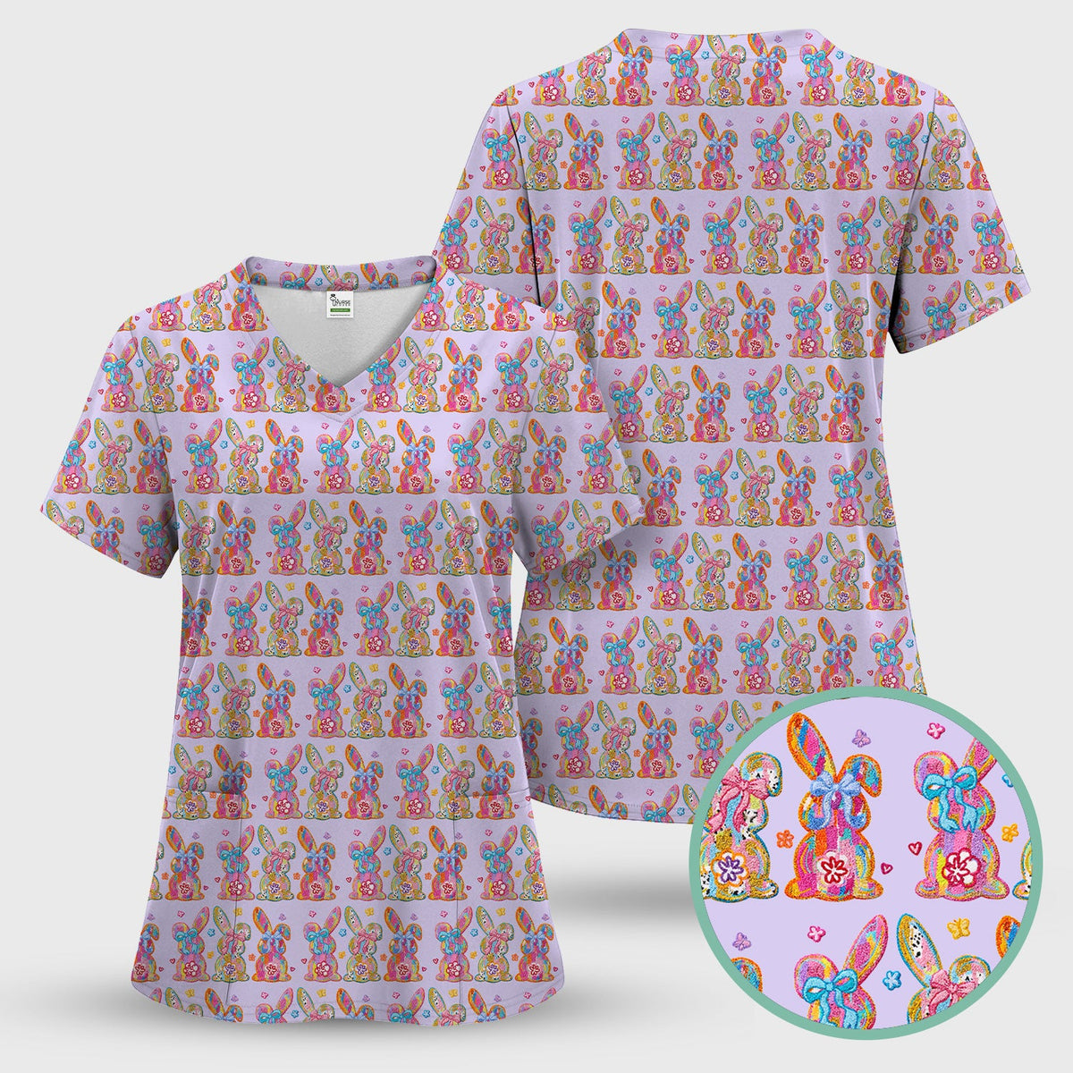 Cute Pastel Bunny Floral Pattern Scrub Top, Comfortable Scrubs for Nurses, Easter