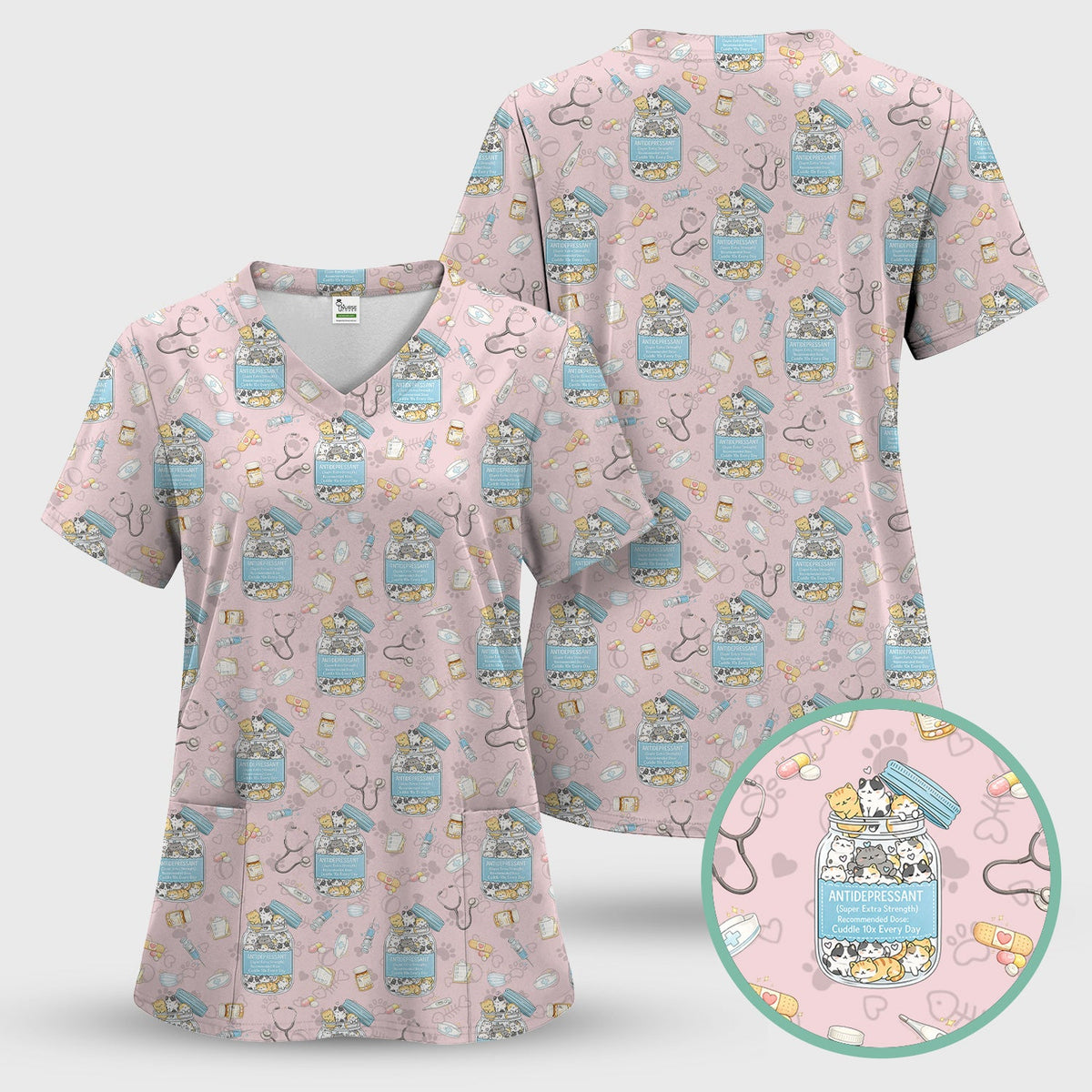 Cute Antidepressant Cat Jar Print Nurse Scrub Top, Breathable Fabrics Nursing Uniform