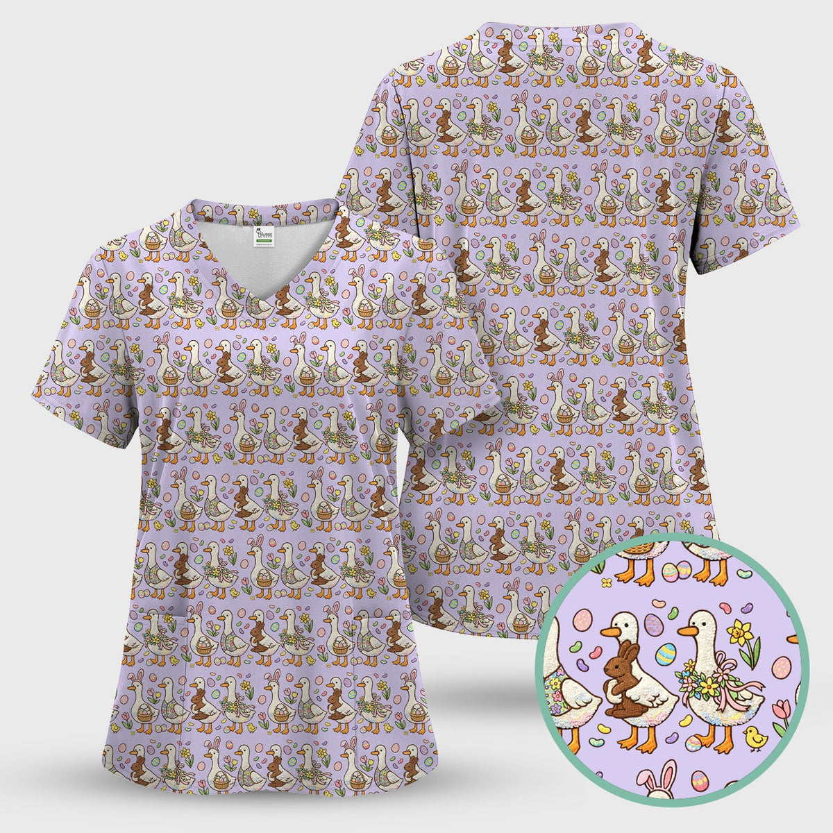 Duck Bunny Egg Floral Nurse Scrub Top - Easter Gift