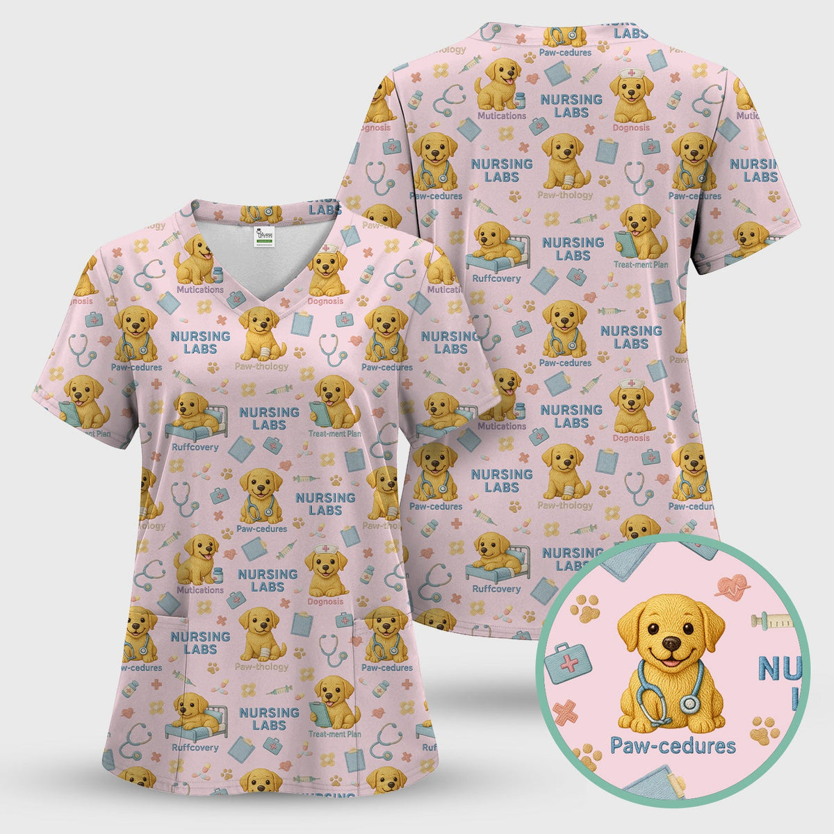 Labrador Nursing Scrub Set, Cute Dog Pattern Nurse Uniform,  Comfortable Scrubs For Nurses