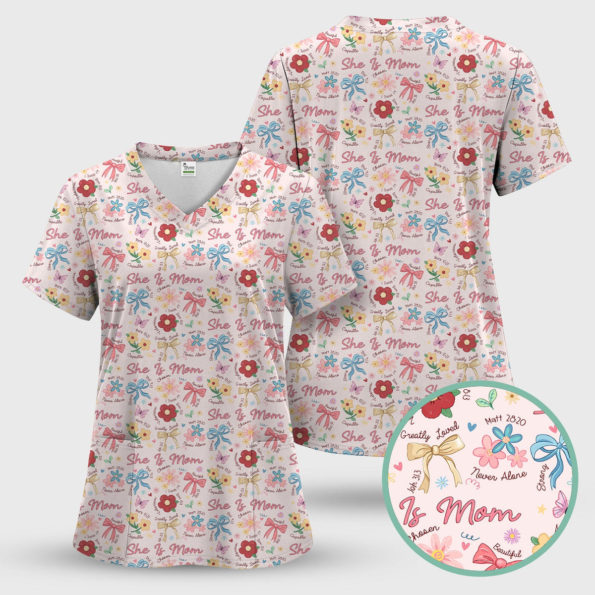 She Is Mom Floral Bow Nurse Scrub Top