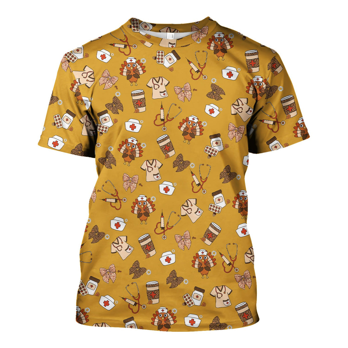Cute Nurse Fall Season Scrub Top - Thanksgiving Turkey & Stethoscope Medical Design  - Gift for RN LPN CNA
