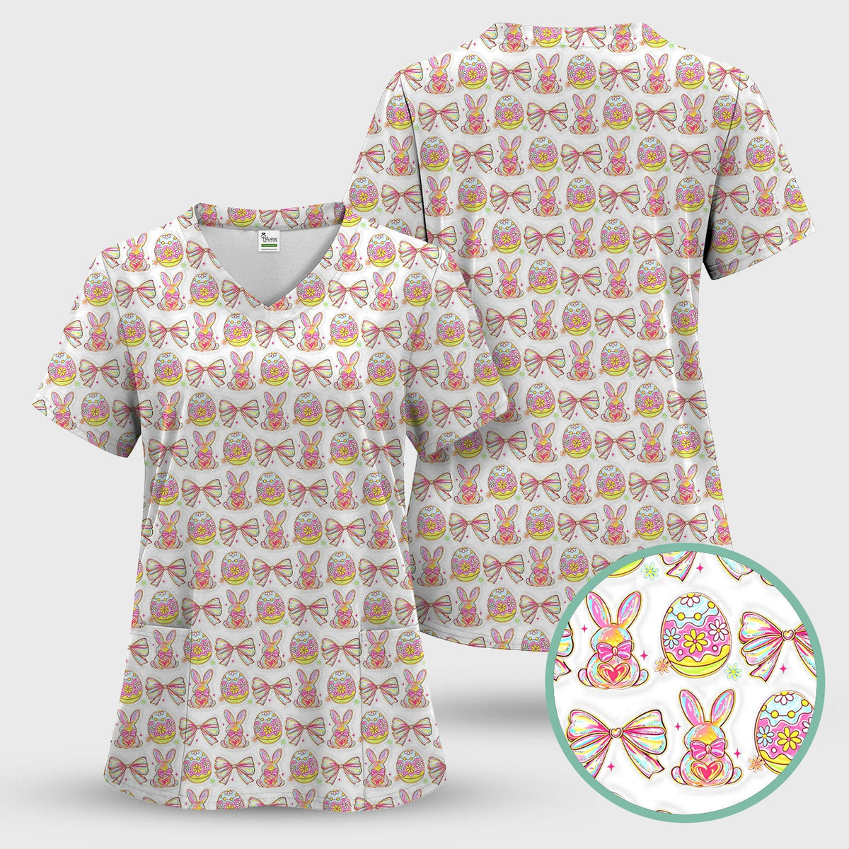 Bunny Pastel Egg Bow Nurse Scrub Set - Easter Gift
