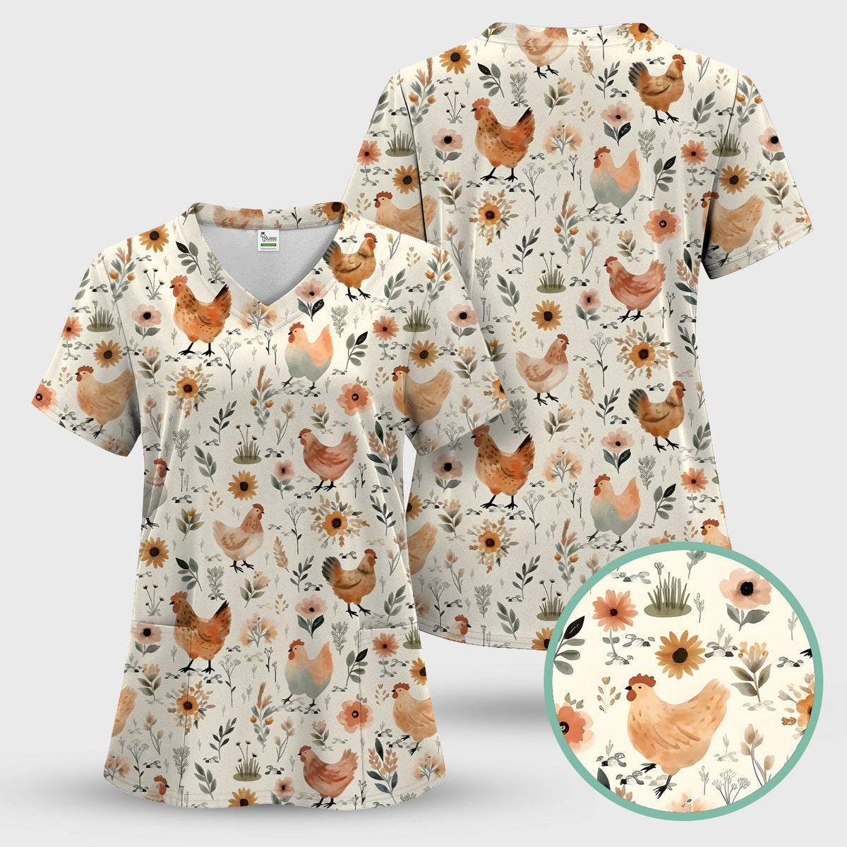 Charming Chicken Floral Farm Pattern Scrub Set, Scrub Pants and V Neck Top