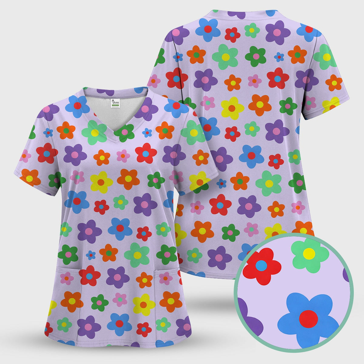 Colorful Retro Flower Nurse Scrub Top