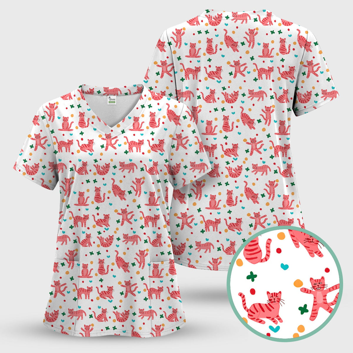 Pink Cat Nurse Scrub Top