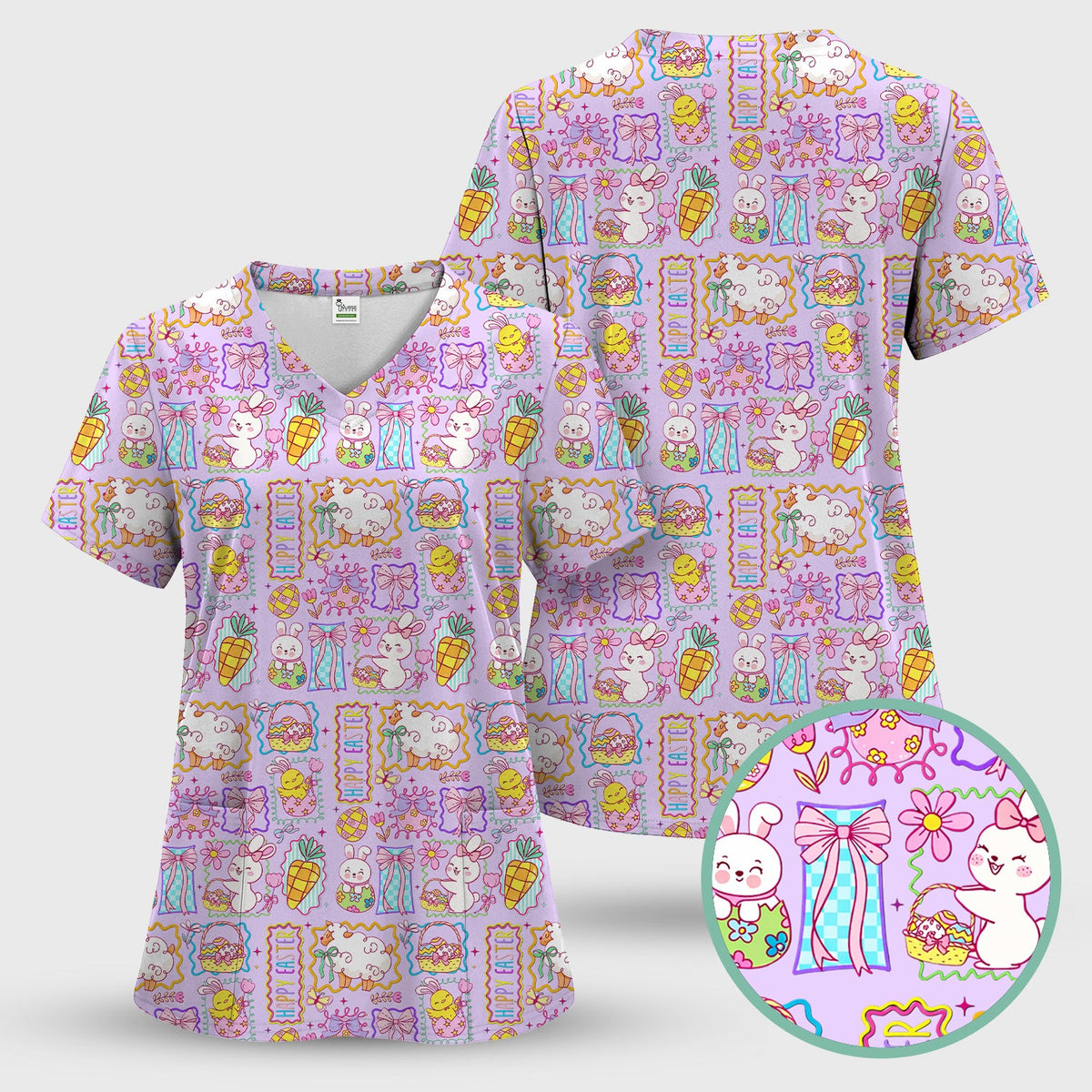 Cute Easter Bunny Egg and Bow Print Scrub Set, Scrub Pants and V Neck Top