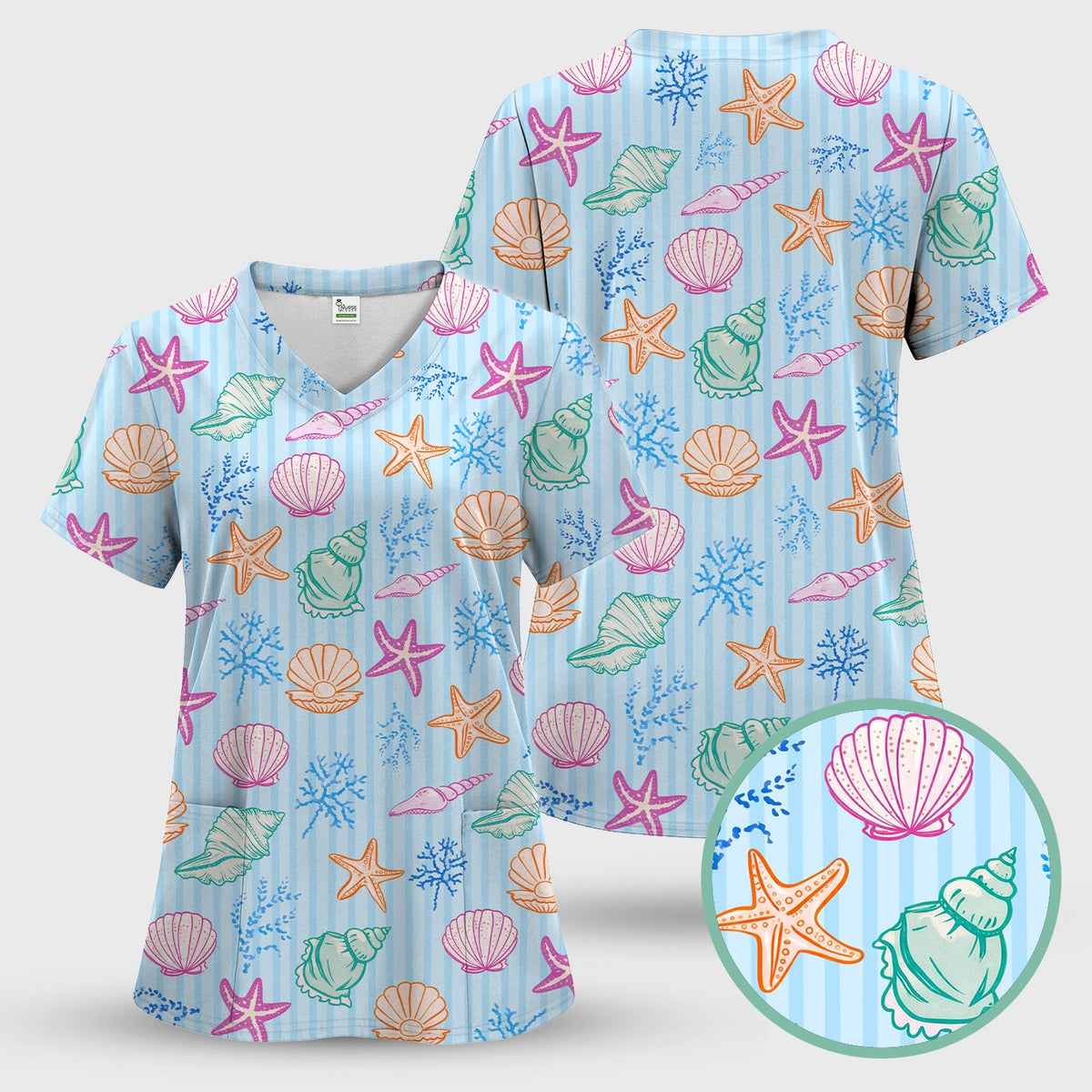 Colorful Seashell Starfish Ocean Stripe Nurse Scrub Top
