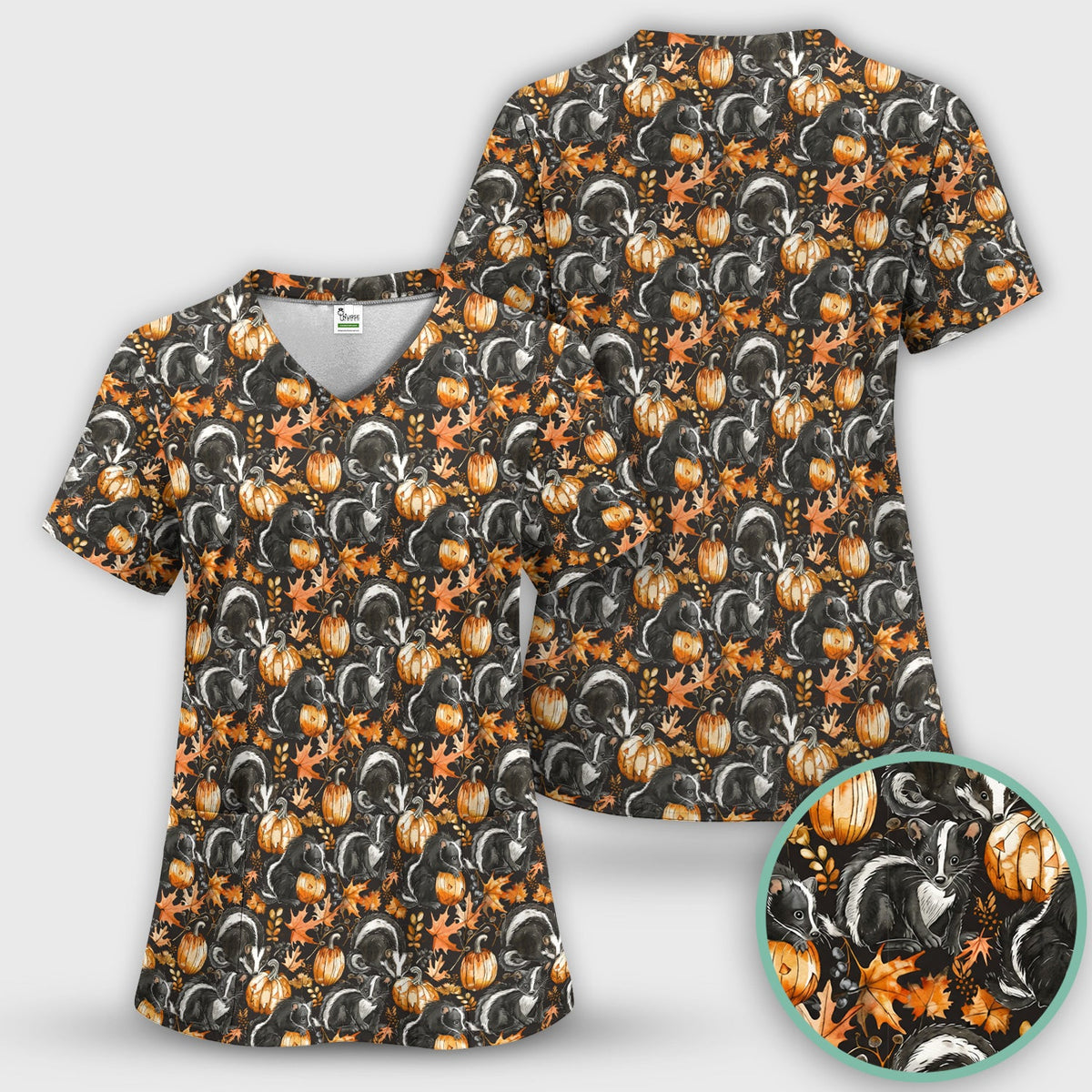 Skunk Pumpkin Autumn Leaves Nurse Scrub Top