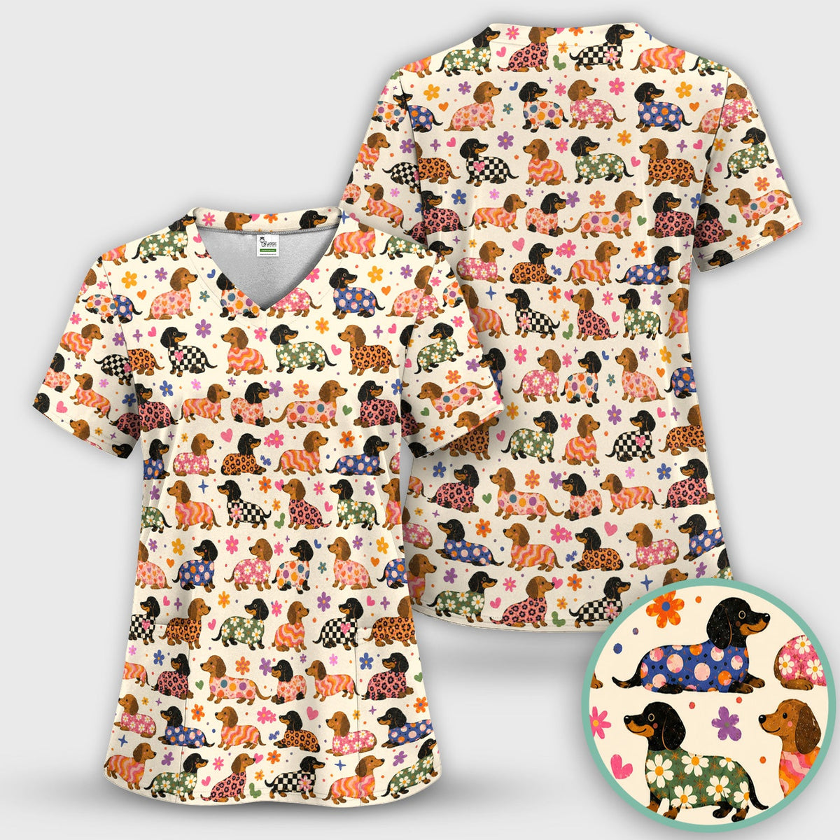 Floral Dachshund Print Nurse Scrub Top